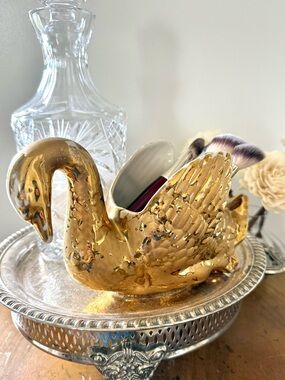Vintage 22K Painted Gold Swan